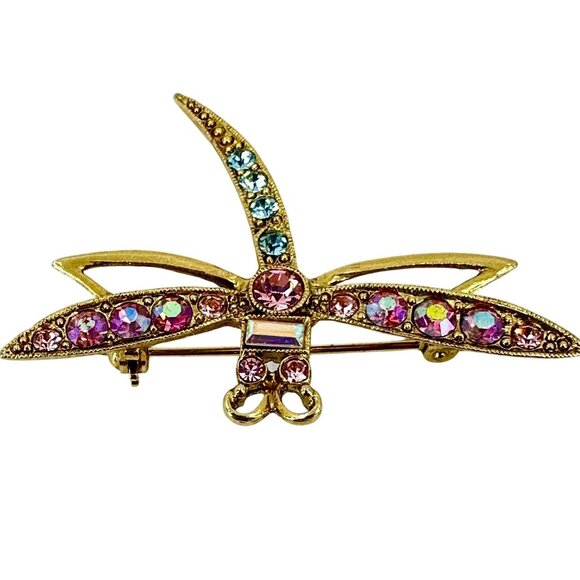 1928 Collection Gold-Tone Dragonfly Brooch With Pink & Blue Rhinestones - Picture 6 of 11